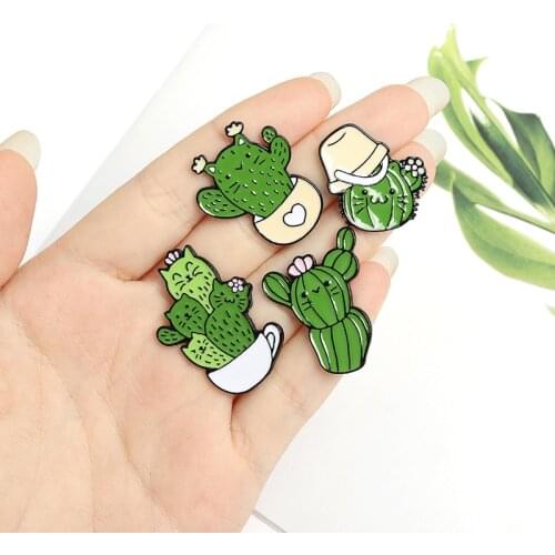 Lovely Cactus Cat Pin Green Potted Plant Enamel Pins Brooches Cartoon Cute Shirt Hat Pins For Kids Children Jewelry Accesaries