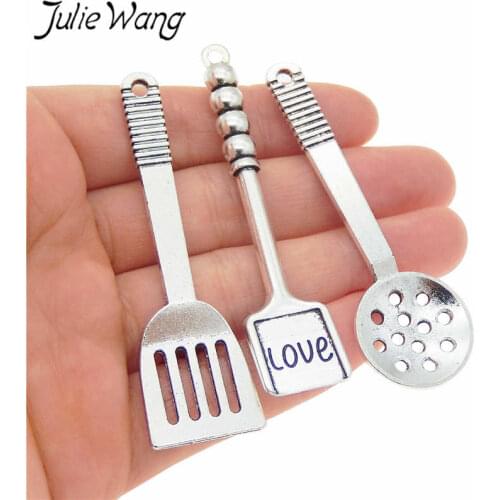 Julie Wang 3PCS Mixed Cooking Shovel Kitchen Tool Charms Alloy Antique Silver Color Bracelet Jewelry Making Pendant Accessory