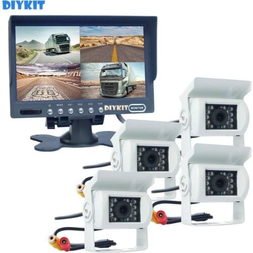 DIYKIT 7" 4 Split QUAD Reverse Rear View Car Monitor + CCD IR Night Vision Backup Rear View LED Camera Waterproof for Truck Bus
