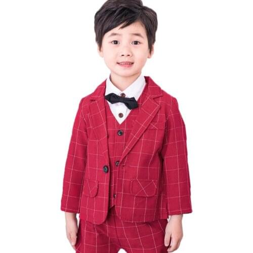 Flower Boys Blaid Jacket+vest Pants Bowtie 4pcs Wedding Suit Gentleman Kids Formal Birthday Dress Children Party Costume