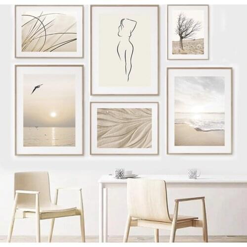 Sea Beach Lake Tree Beige Waves Girl Line Wall Art Canvas Painting Nordic Posters And Prints Wall Pictures For Living Room Decor