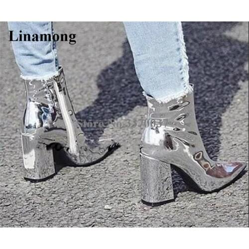 New Fashion Women Mirror Patent Leather Pointed Toe Chunky Heel Short Boots Shining Gold Silver Thick High Heel Ankle Booties