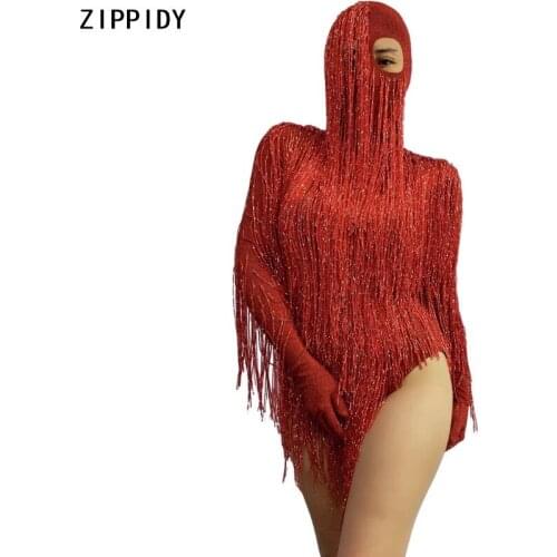 Long Sleeves Full Red Fringe Bodysuit Headdress Prom Women Dance Evening DS Outfit Birthday Celebrate Dance Outfit