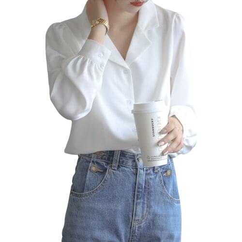 Autumn Blouse Women Long Sleeve V-Neck Top Retro Lantern Sleeve White Vintage Shirt Womens Tops and Blouses