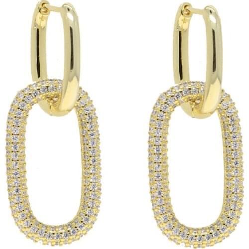 Simple Classic Fashion Women Jewelry Gold Color Micro Pave CZ Rectangle Link Chain Geometric Dangle Earring