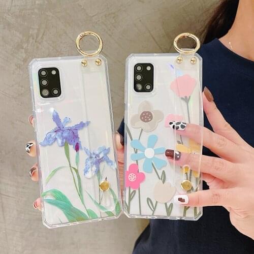 Laser Flower Wrist Strap Holder Transparent Soft Phone Case For Iphone 12 11 Pro MAX X XR XS Mini SE 2020 7 8 Plus Bumper Cover