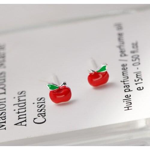 Lidavi Women Fashion Lovely Cute Red Enamel Apple Stud Earrings Female 925 Sterling Silver Earrings for Children Girls VES6276