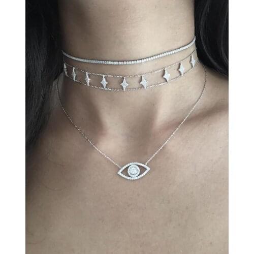 Starburst cz star charm double chain choker necklace 100% 925 sterling silver fine jewelry for women