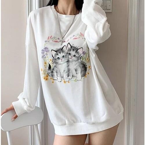 Cat Pattern Printed Oversized Sweatshirt White O-Neck Loose Pullovers Ladies Autumn Long Sleeve Casual Streetwear Women 2021 New