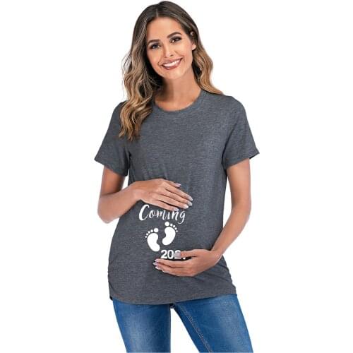TELOTUNY Pregnancy Shirts Women Maternity Short Sleeve O-neck Letter Footprints Print T-shirt Tops Casual Pregnant Clothes S-3XL