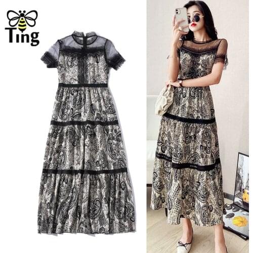 Tingfly Summer Women Midi Long Dress Vintage Floral Print Lace Patchwork Casual Lady Dress Street Fashion Vestidos Zaful New