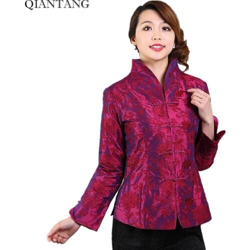 High Quality Purple Hot Pink Women Satin Jacket Traditional Chinese Embroidery Coat Mujer Chaqueta Size S M L XL XXL XXXL Mny10B