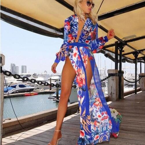 Women sheer maxi dress elegant Beach Pool Wrap Split Long evening party dress Chiffon V-neck full sleeve print floral dress