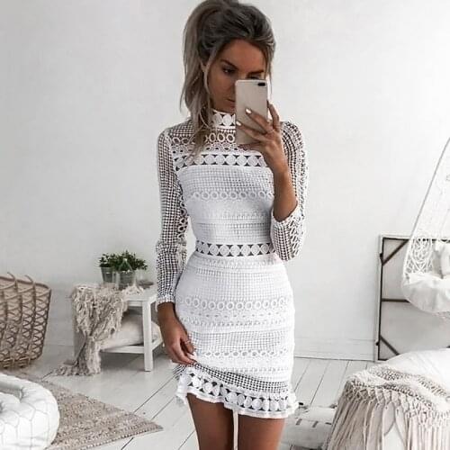 Women Dress Sexy White Lace Stitching Hollow Out Party Dresses Elegant Short Mini Summer Spring Long Sleeve Clothes Vestidos