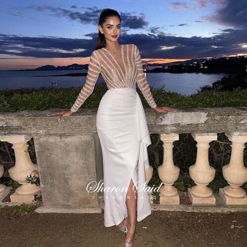 Dubai White Mermaid Arabic Evening Dress Long Sleeve 2021 Luxury Beading Women for Wedding Party Gowns Long Prom Formal Dresses