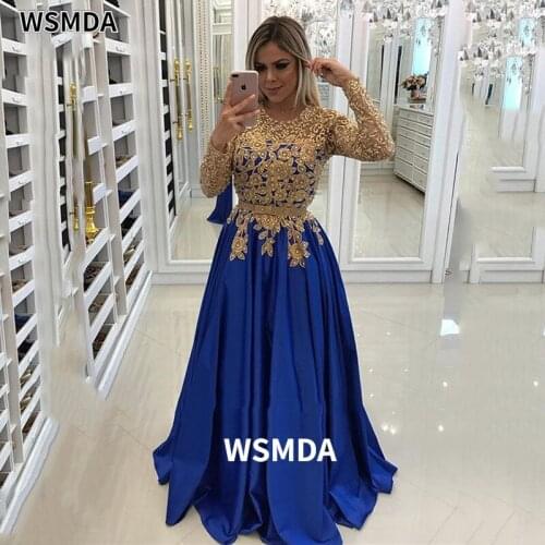 Elegant Gold Lace Evening Dress 2021 Appliques Long Sleeve Evening Party Gown Prom Dress Vestido De Formatura Longo