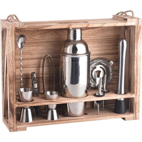 11PCS Bartender Tools Set Spoon Measuring Cup Cocktail Tools Cocktail Shaker Mixer Kit with Wooden Shelf,Juicer for Bar