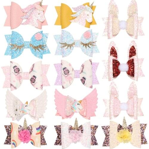 14pcs/lot Glitter Unicorn Hair Bows Easter Bunny Hairpins for Girls Flower Gift Clip Chunky Birthday Outfit Party Dress Headwear