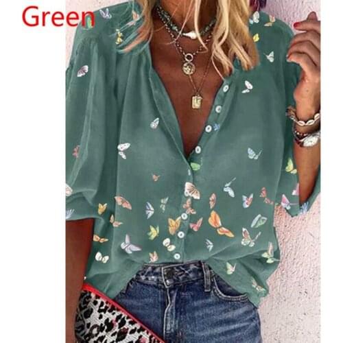 2021 New Womens All-Match Butterfly Printed Loose V-Neck Half Sleeve Shirt Summer Fashion Casual Tops Outer Wear Hot Sale