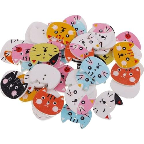 50 Pieces Colorful Cat Shape Wooden Buttons 2 Holes for Decorations