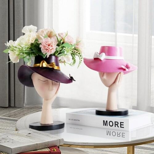 European Hat Woman Flower Pot Resin Ornaments Bedroom Desktop Sculpture Decoration Home Livingroom Table Vase Figurines Crafts