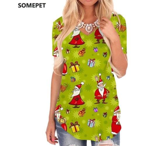 SOMEPET Santa Claus T Shirt Women Christmas Tshirts Printed Animal V-neck Tshirt Party T-shirts 3d Womens Clothing Punk Rock