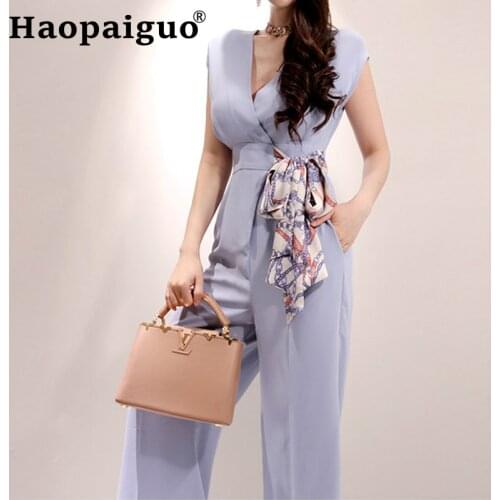 2019 Summer Female Large Size Solid Elegant Loose V-neck Short Sleeve Jumpsuit Trousers Women Casual Long Pants with Sashes