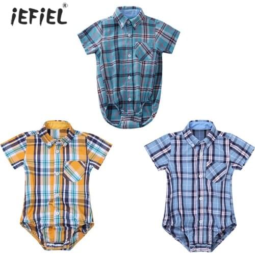 Newborn Baby Girls Boy Bodysuits Cotton Formal Body Suit Romper Jumpsuit Set Short Sleeve Plaid Gentleman Shirt Rompers Sunsuits