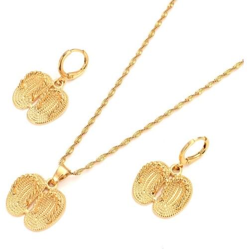 Dubai India Ethiopian Set Jewelry Necklace pendant Earring Habesha Girl Solid Fine Gold GF shoes Bridal Sets best women