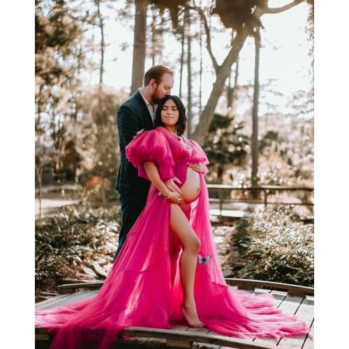 Short Tiered Flare Sleeve Puffy Big Train Evening Gown Peach Tulle Maternity Dresses 2021 Fashion Parent Child Photo Bridal Robe