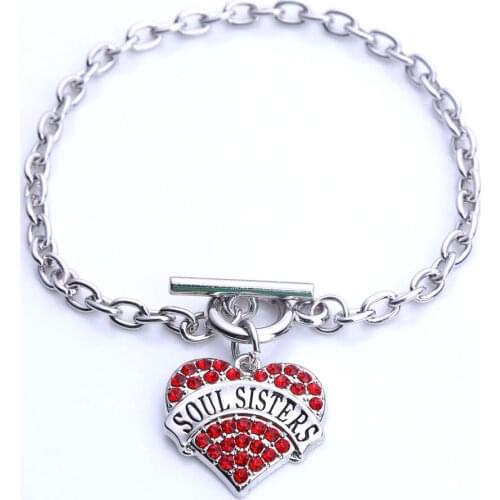 Best Selling fashion rhodium plated with sparkling crystals SOUL SISTERS heart charm bracelet Drop Shipping