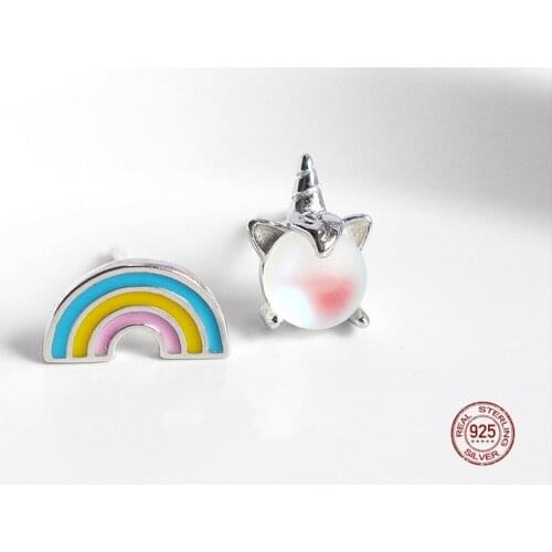 LKO Cute Unicorn Rainbow Stud Earrings for Women Animal 925 Sterling Silver Earrings Girls Birthday Party Gift Jewelry