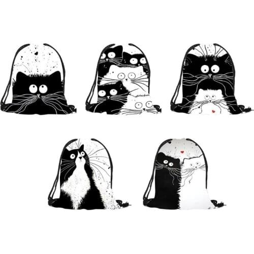 Cute Cat Printing Drawstring Gym Bag School Library Swimming Travel Adult Teenagers Sports Backpack Daypack