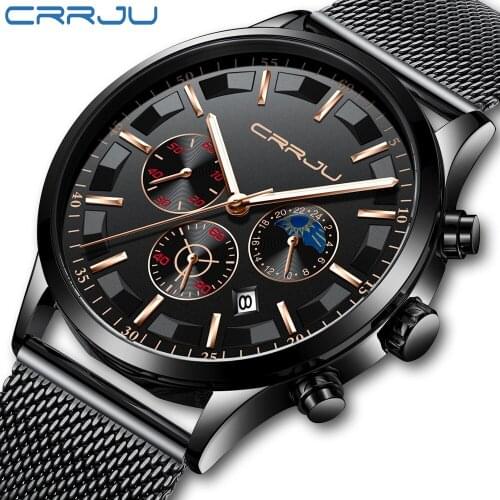 2019 Top Brand CRRJU New Men Quart Watch Fashion Multi-Function Chronograph Clock Stainless Steel Military Waterproof Wristwatch