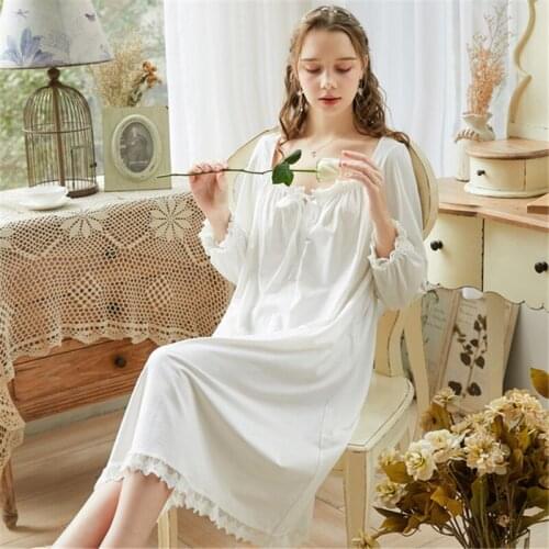 Nightdress long sleeve cotton nightdress female palace retro lace sweet long section home service loose large size пижама