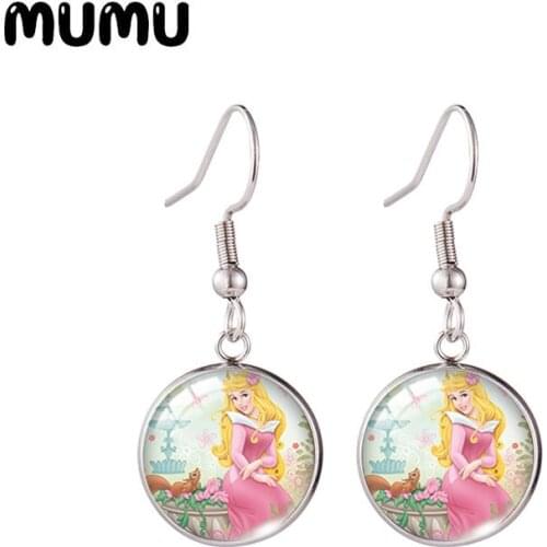 2021 New Sleeping Beauty Fish Hook Earring Princess Aurora Photo Round Jewelry Glass Dome Earrings Gifts Girl