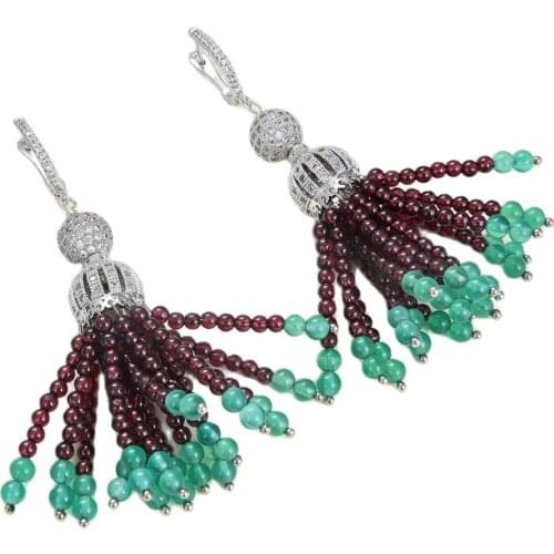 JK Natural Garnet Green Agates Gems Stone Cz pave Cap Leverback Earrings