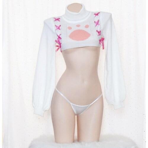Lolita Bondage Bowknot Turtleneck Collar Cat Claw Pattern Knitting Sweater Top and Panty Underwear Anime Cosplay Sexy Lingerie