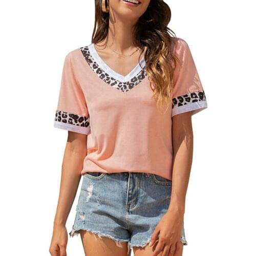 Summer Women T-shirt Short Sleeve Loose Pullover Ladies V Neck Splicing T-shirt neckline cuffs leopard print Tops Women 2021