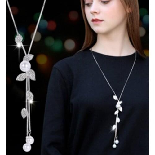 Fashion Jewelry Atmosphere Leaf Bohemian Necklace Festival High Lit Pearl Tassel Crystal Necklace Long Joker Female Necklace