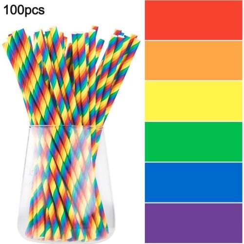 100PCS Rainbow Straws Degradable Eco-friendly Disposable Drinking Straws Bar Dinner Festival Christmas Party Paper Straws Set