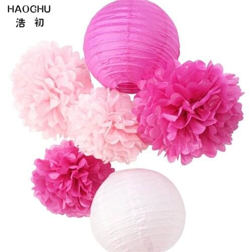 HAOCHU 6pcs/set Sweet Rose Red Tissue Paper Pom Poms Round Ball Lantern DIY Wedding Party Stage Background Props Home Decor