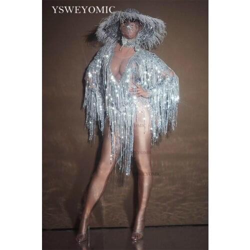 2021 Sparkly Silver Sequin Fringe Elasticity Bodysuit Birthday Celebrate Outfit Women Dancer DS Show Prom Party Bar Wear