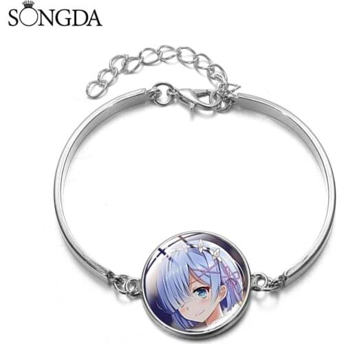 RE: ZERO Ram Rem Link Chain Bracelet Kawaii Anime Cosplay Fashion Printed Glass Dome Charm Bracelet for Girls Accessories