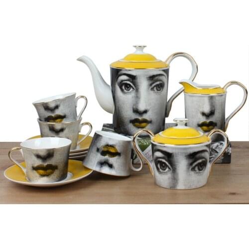 11PCS Porcelain Art Face Coffee Cups Set Yellow Tea Set European Home Kitchen Accessories Decor Ceramic Tea Cups Set for Party