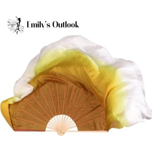 Real Silk Veil Pairs Chinese Bamboo Folding Fan Belly Dance Costume Accessory Light Weight Flowy Dance Fan Autumn Warm Color