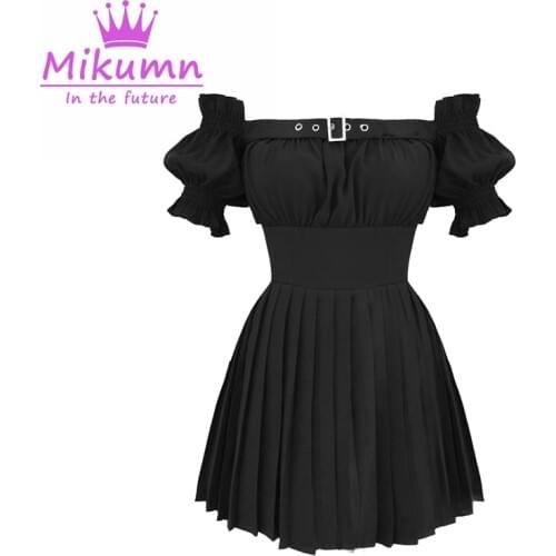Gothic Girls Black Dress Preppy Style Summer Women Sexy Off Shoulder High Waist Pleated Slim Mini Dress Punk Dresses