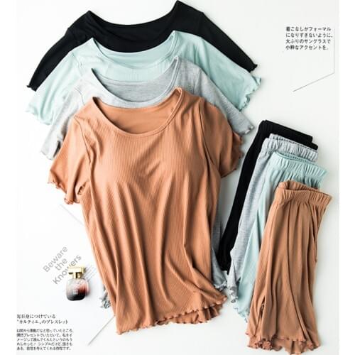 Threaded cotton with chest pad pajamas short sleeve knitted one half sleeve + shorts pajamas solid color simple large size suit