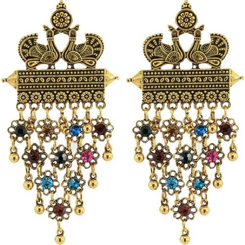 Indian Gold Jhumka Earrings for Women Ethnic Double Peacock Bells Long Tassel Earring pendientes Statement Gypsy Tribal Jewelry
