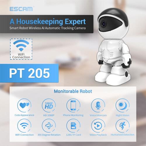 ESCAM PT205 1080P Smart IP Camera Robot WIFI Indoor Baby Monitor Night Vision Smart Home Security Camera Video CCTV Surveillance